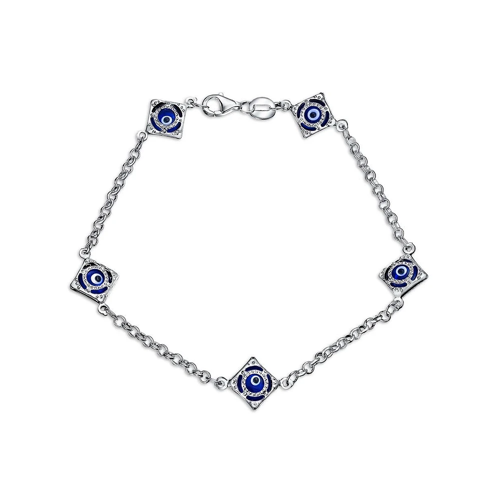 Bling Jewelry Turkish Navy Spiritual Protection Amulet Evil Eye Blue Evil Eye Charm Link Bracelet For Women Sterling Silver 7.5 Inch