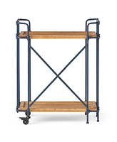 Simplie Fun Rustic Firwood Bar Cart with Iron Frame and Rolling Wheels for Home Use