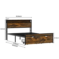 Streamdale Furniture Queen Size Bed Frame with Storage Headboard and 2 Drawers, Led Lights Bed with Charging Station, Metal Platform Bed No Noise, Mat