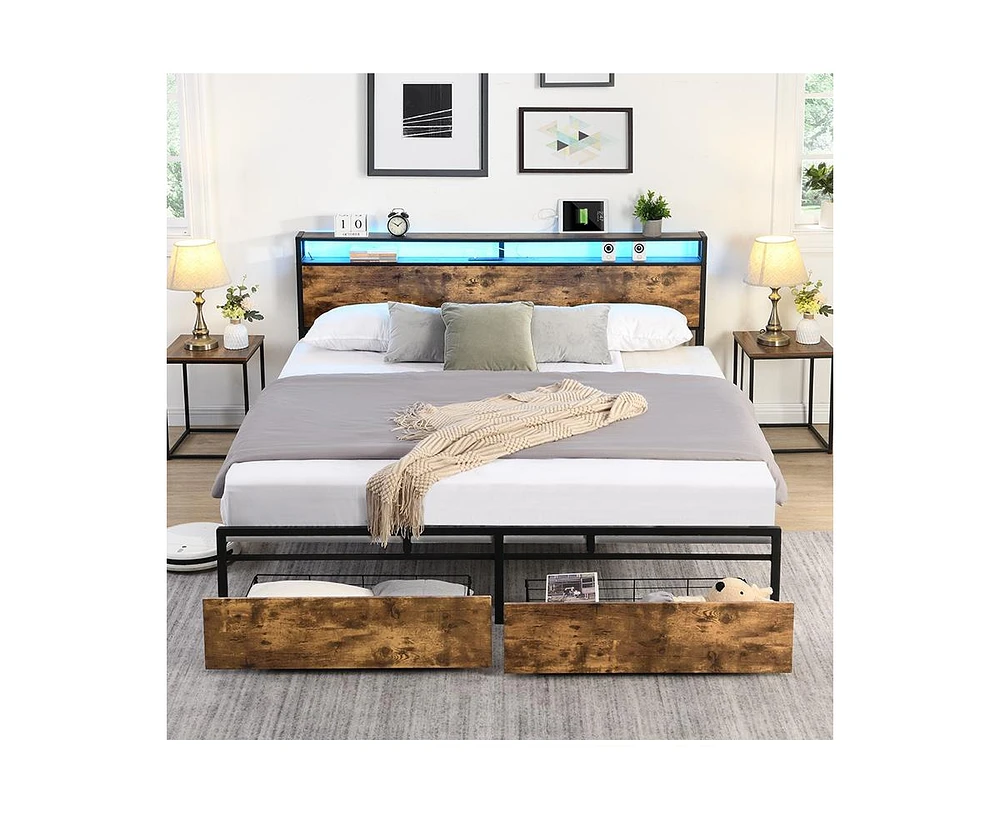 Simplie Fun Full Bed Frame, Storage Headboard with Charging Station, Solid and Stable, Noise Free, No Box Spring Needed, Easy Assembly