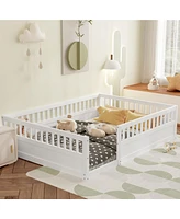 Streamdale Furniture Full Floor Bed Frame with Fence, Wood Kids Floor Beds Frame for Bedroom Playroom, White date Jul. 10th)