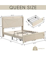 Mondawe Queen Size Bed Frame with 2 Storage Drawers, Upholstered Bed Frame with Wingback Headboard Storage Shelf Built-in Usb Charging Stations