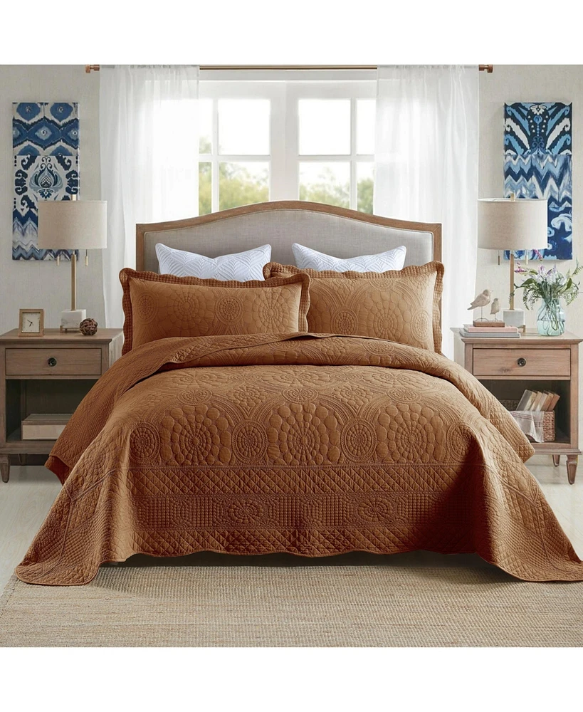 MarCielo 3 Pcs 100% Cotton Oversized Bedspread Quilt Set Embroidery Tf-Queen