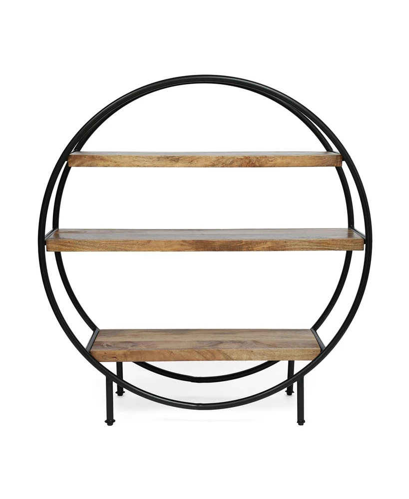 Simplie Fun Artisan-Crafted Industrial Etagere Circular Iron Frame with Mango Wood Shelves