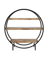 Simplie Fun Artisan-Crafted Industrial Etagere Circular Iron Frame with Mango Wood Shelves