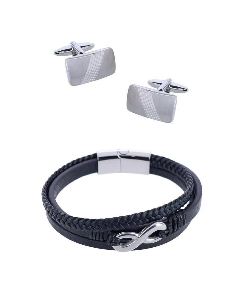 Trafalgar Diagonal Rhodium Cufflinks & Infinity Triple Band Leather Bracelet