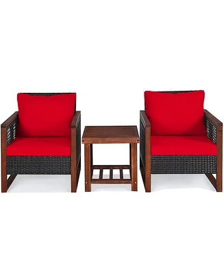 Gymax 3PCS Rattan Wicker Patio Conversation Set Outdoor Furniture Set w/ Red Cushion