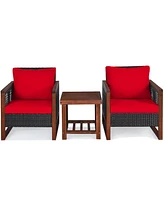 Gymax 3PCS Rattan Wicker Patio Conversation Set Outdoor Furniture Set w/ Red Cushion