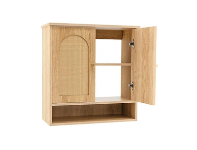 Slickblue Medicine Cabinet with 2 Rattan Doors for Laundry Room Kitchen Entryway-Natural