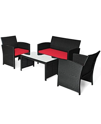 Gymax 4PCS Rattan Outdoor Conversation Set Patio Furniture Set w/ Red Cushions