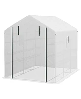 Outsunny 8' x 6' x 7' Greenhouse Warm House with 2-Tier Shelf Steel Frame Pe Cover White