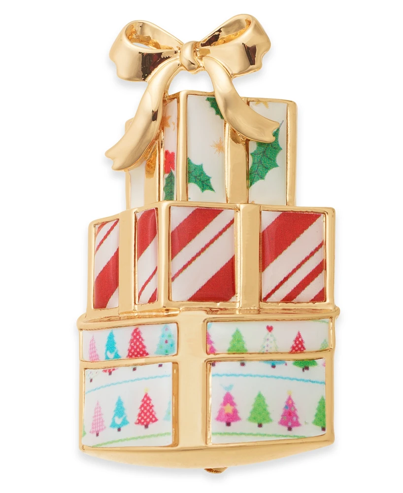 Holiday Lane Gold-Tone Glass Bead Stack of Gift Wrapped Presents Pin