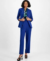 Bar Iii Womens Textured Crepe One Button Blazer Printed Satin Blouse Pull On High Waist Pants Created For Macys