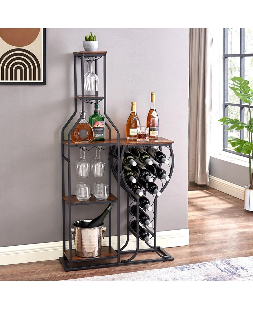 Streamdale Furniture 5-Tier Rustic Brown Wine Storage Rack with Hanging Glass Holder