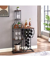 Simplie Fun 5-Tier Rustic Brown Wine Storage Rack with Hanging Glass Holder