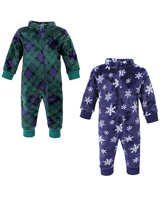 Hudson Baby Boys Unisex Plush Jumpsuits, Navy Snowflake