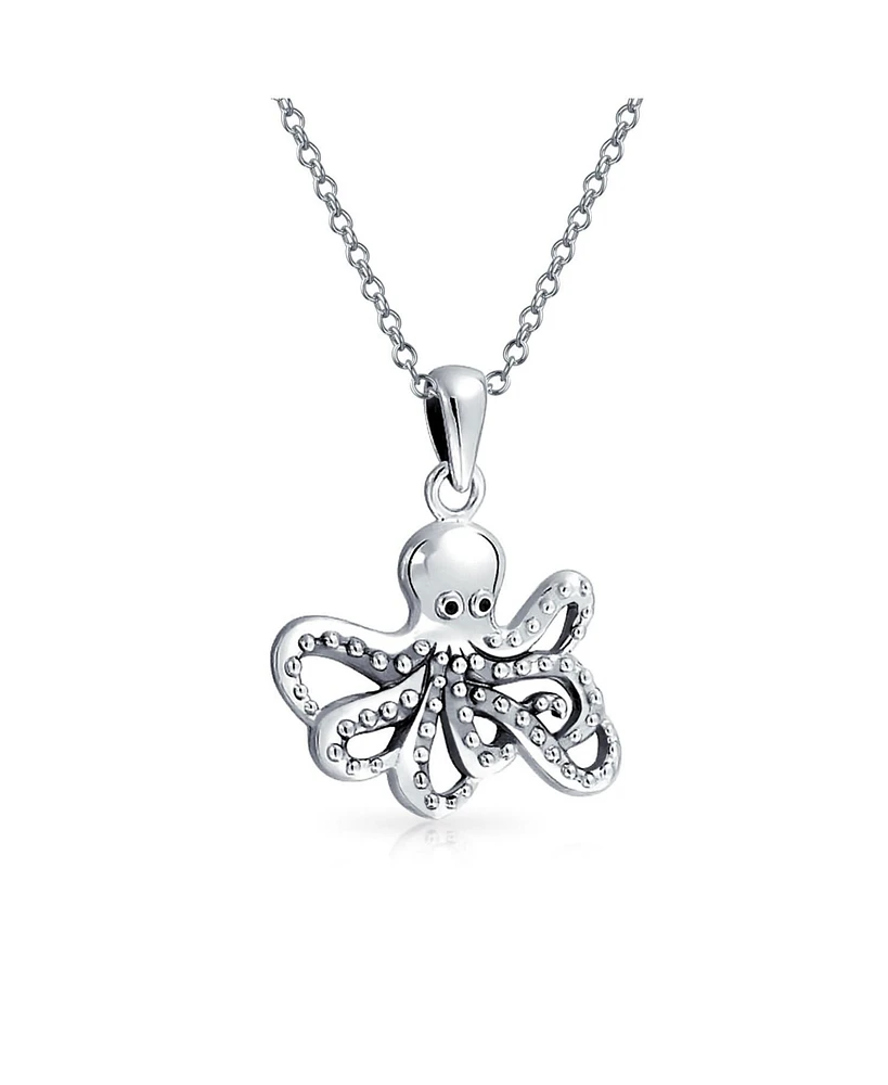 Bling Jewelry Nautical Vacation Honeymoon Ocean Marine Life Sea Creature Squid Octopus Pendant Necklace For Women Oxidized Sterling Silver