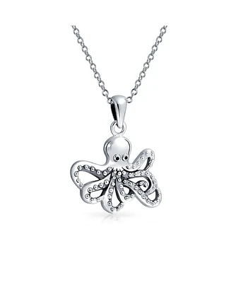 Bling Jewelry Nautical Vacation Honeymoon Ocean Marine Life Sea Creature Squid Octopus Pendant Necklace For Women Teen Oxidized .925 Sterling Silver