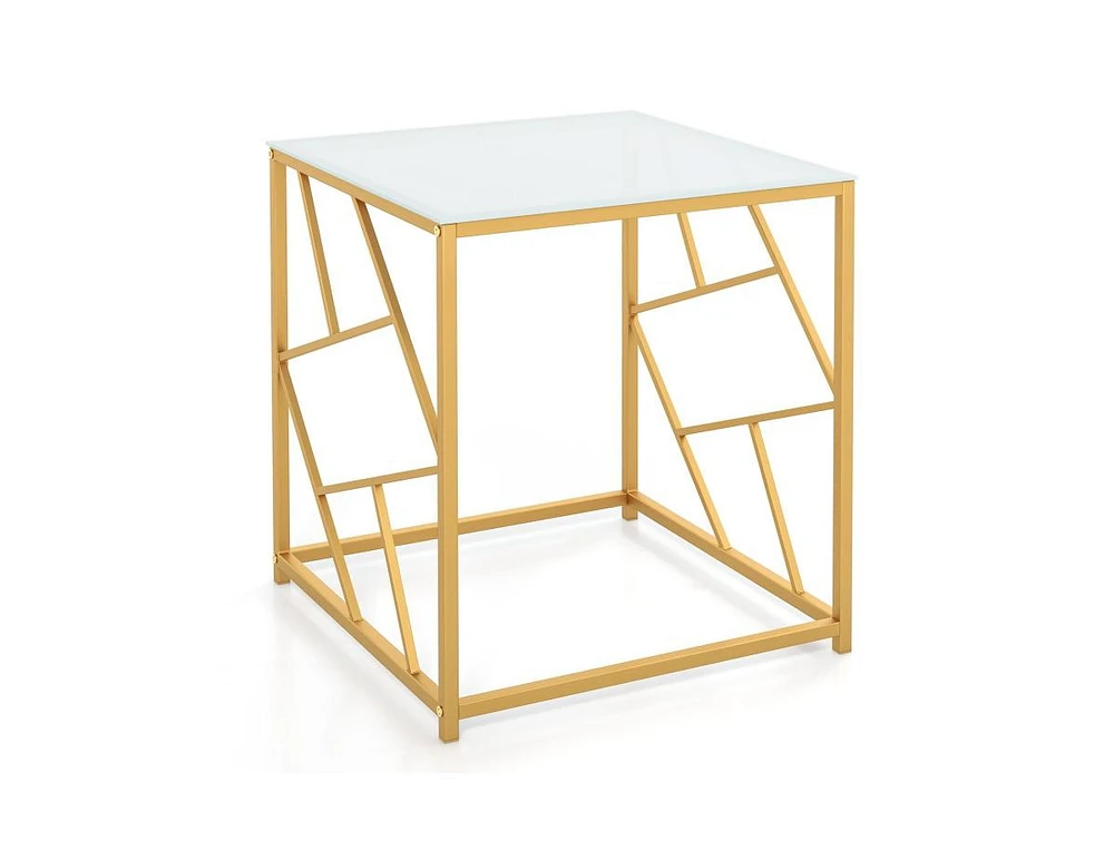 Slickblue Square End Table with Tempered Glass Tabletop and Gold Finish Geometric Frame-Golden