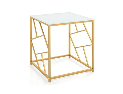 Slickblue Square End Table with Tempered Glass Tabletop and Gold Finish Geometric Frame-Golden