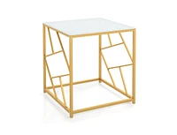 Slickblue Square End Table with Tempered Glass Tabletop and Gold Finish Geometric Frame-Golden