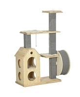 PawHut Modern Small Cat Tree W/ Scratchers & Wheel, Wooden Cat Tower