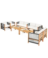 Gymax 8PCS Acacia Wood Outdoor Patio Furniture Conversation Set W/ White Cushions