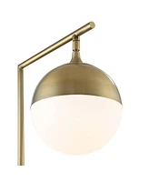 Possini Euro Design Luna Mid Century Modern Desk Table Lamp with Usb Port 26.5" High Antique Brass Metal White Opal Glass Shade for Living Room Bedroo