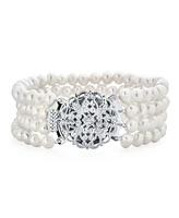 Bling Jewelry Antique Art Deco Style Wide Statement Four Multi Strand White Freshwater Cultured Pearl Bracelet For Women Silver Plated Brass 7.5"