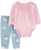 Carter's Baby Girls Cotton Eyelet-Yoke Bodysuit & Floral-Print Pants, 2 Piece Set