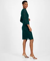 Connected Women's Sequin-Lace 3/4-Sleeve Faux-Wrap Dress