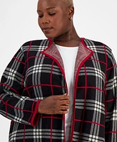 Kasper Plus Open-Front Plaid Long-Sleeve Cardigan