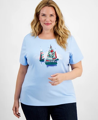 Holiday Lane Plus Sailboat Spirit Short-Sleeve Top, Created for Macy's