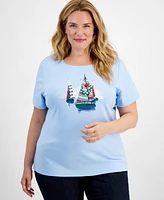 Holiday Lane Plus Sailboat Spirit Short-Sleeve Top, Created for Macy's