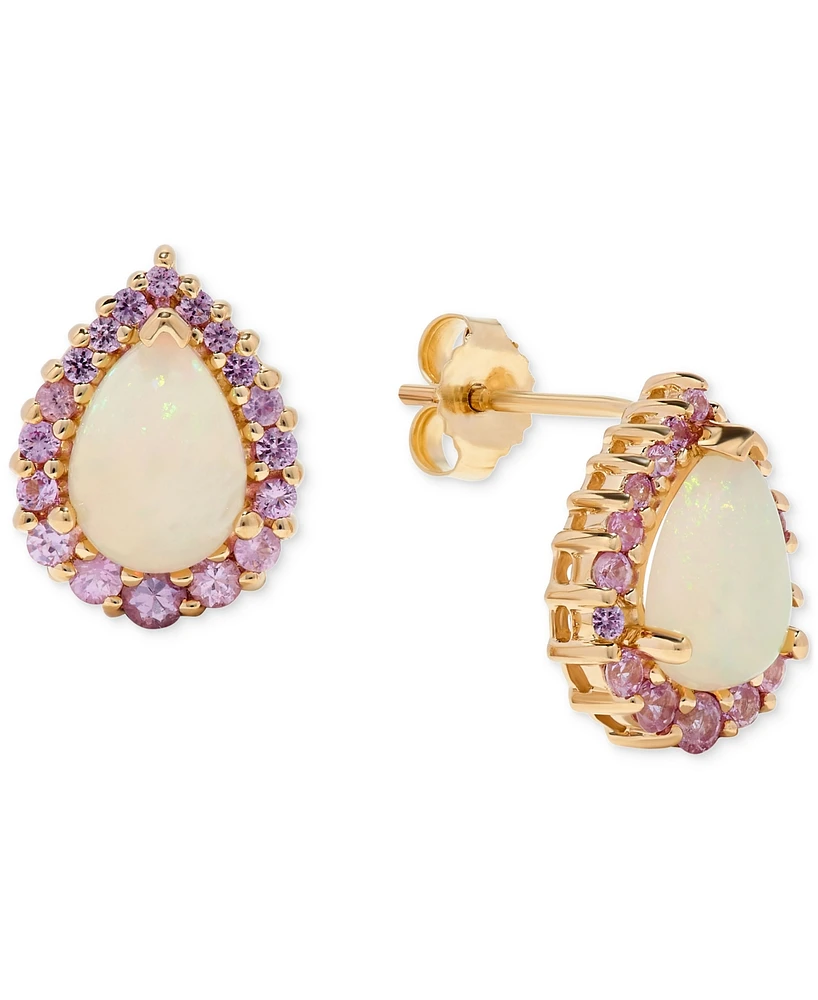 Opal (1-1/5 ct. t.w.) & Pink Sapphire (7/8 ct. t.w.) Pear Halo Stud Earrings in 14k Gold