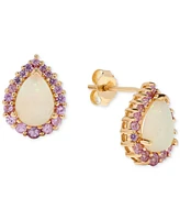 Opal (1-1/5 ct. t.w.) & Pink Sapphire (7/8 ct. t.w.) Pear Halo Stud Earrings in 14k Gold