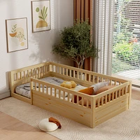 Twin Floor Bed Frame with Fence, Wood Kids Floor Beds Frame for Bedroom Playroom, Natural date Jun. 21st)