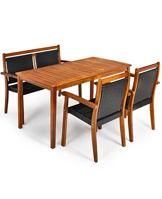 Gymax 4PCS Patio Dining Set Acacia Wood Rattan Furniture Set w/ Umbrella Hole