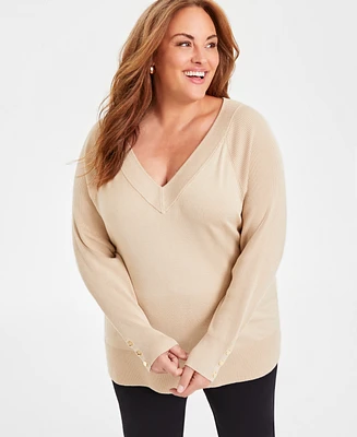 Jm Collection Plus Ribbed V-Neck Sweater, Created for Macy's