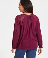 Style & Co Petite Mesh-Trim Ruffled-Cuff Top