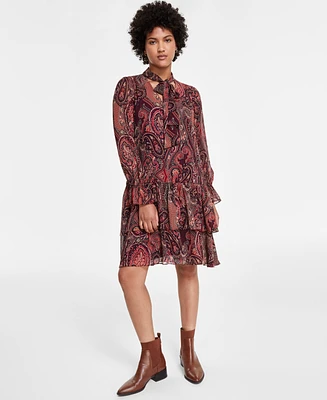 Tommy Hilfiger Women's Paisley Tie-Neck Tiered Dress