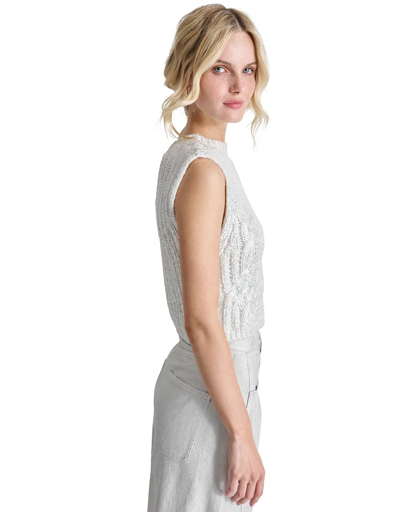 Dkny Jeans Petite Cropped Cable-Knit Metallic-Threaded Sleeveless Sweater