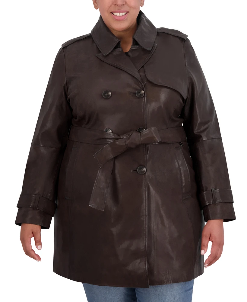 Tahari Womens Plus Size Natalie Belted Leather Trench Coat