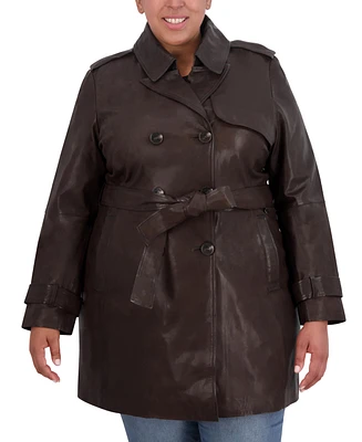 Tahari Womens Plus Size Natalie Belted Leather Trench Coat