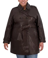 Tahari Womens Plus Size Natalie Belted Leather Trench Coat