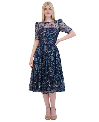 Eliza J Women's Floral Sequin Puff-Sleeve Fit & Flare Dress