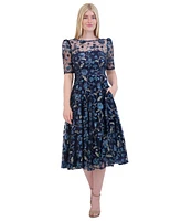 Eliza J Petite Boat-Neck Floral-Sequin Midi Dress