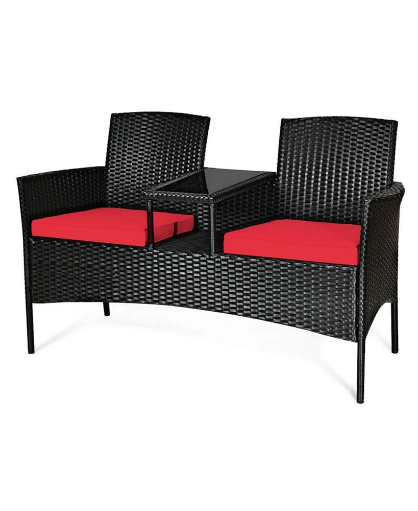 Sugift Wicker Patio Conversation Furniture Set with Removable Cushions and Table