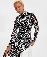 Bar Iii Women's Zebra-Print Mock Neck Midi Dress, Created for Macy's