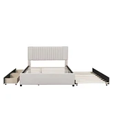 Streamdale Furniture Queen Size Upholstered Platform Bed With 2 Drawers And 1 Twin Xl Trundle, Classic Headboard Design